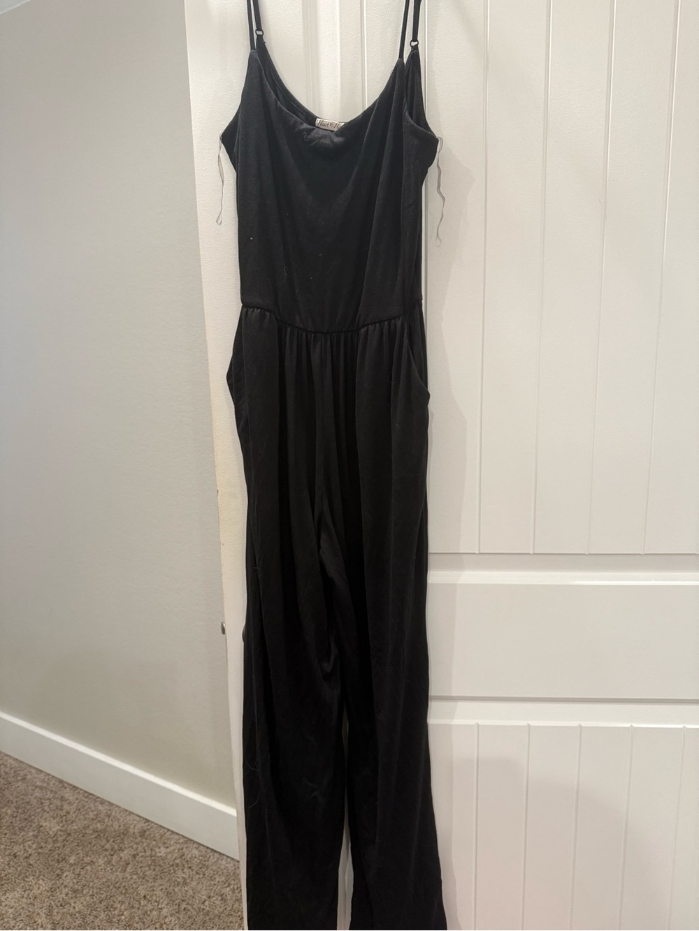 Hanes Black Spaghetti-Strap Wide-Leg Jumpsuit